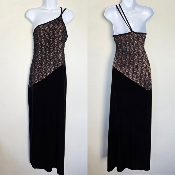 Dresses & Skirts - Vtg 90s Black Velvet Asymmetrical Maxi Dress Womens M Formal Whimsigoth Cocktail
